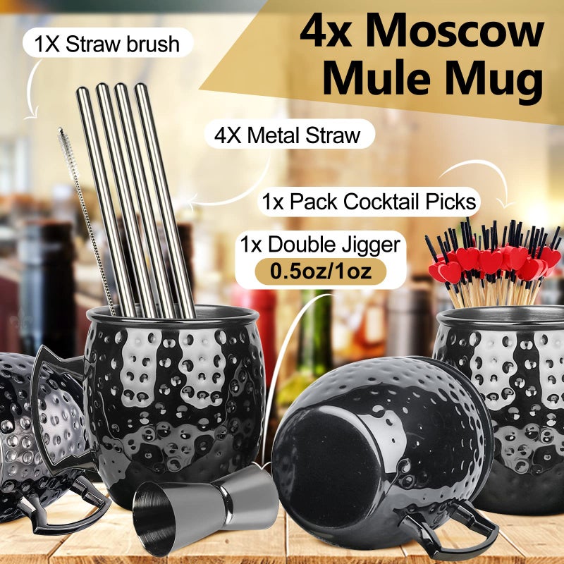 LINALL Moscow Mule Mugs- Set of 4 Gunmetal Black Plated Stainless Steel Mug 18oz, Measuring Cup, Cocktail Picks for Chilled Drinks (4pcs) - Image 2